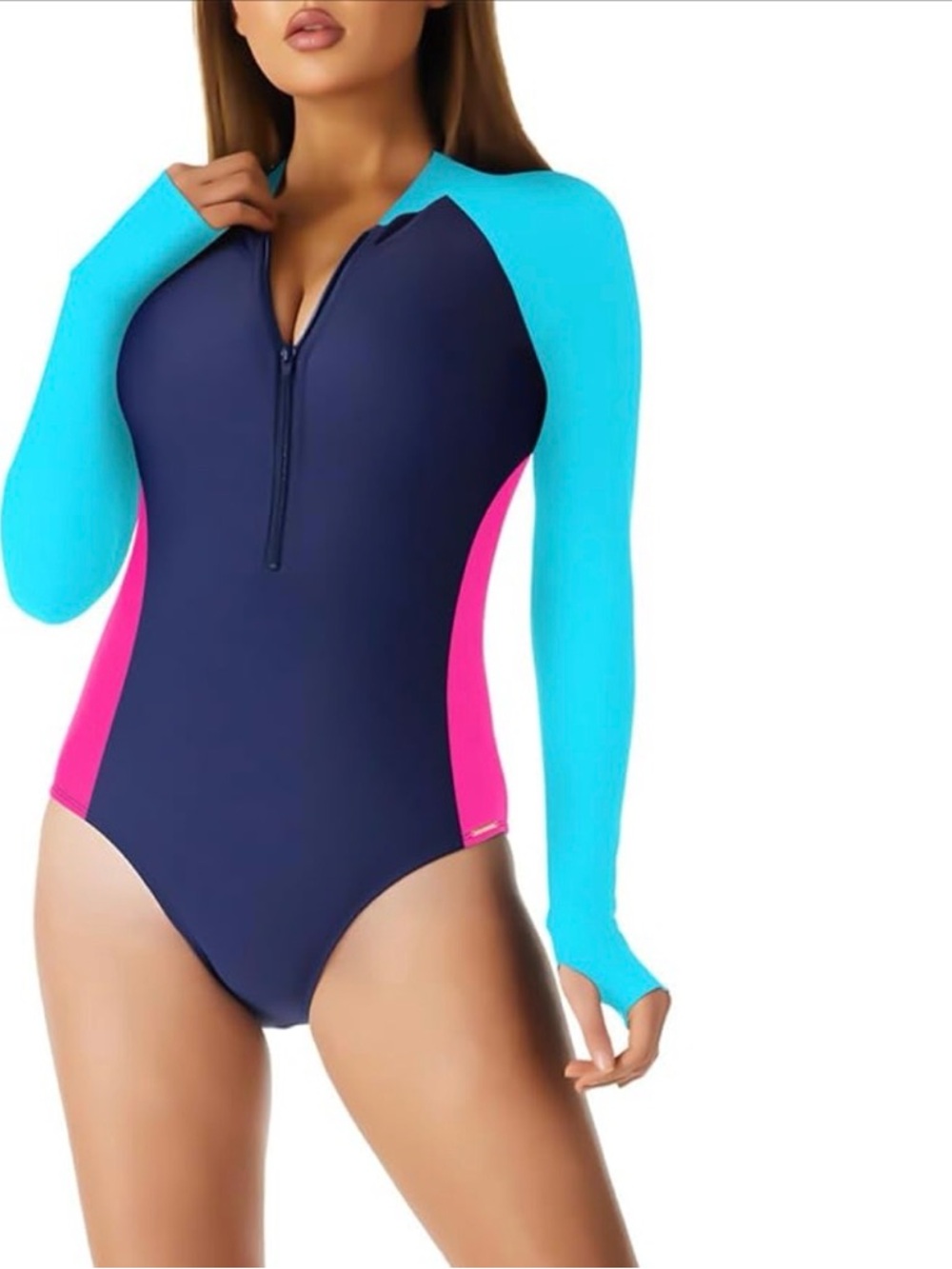 NWT RELLECIGA Long-Sleeve Zip One-Piece Swimsuit Rash Guard MSRP $119